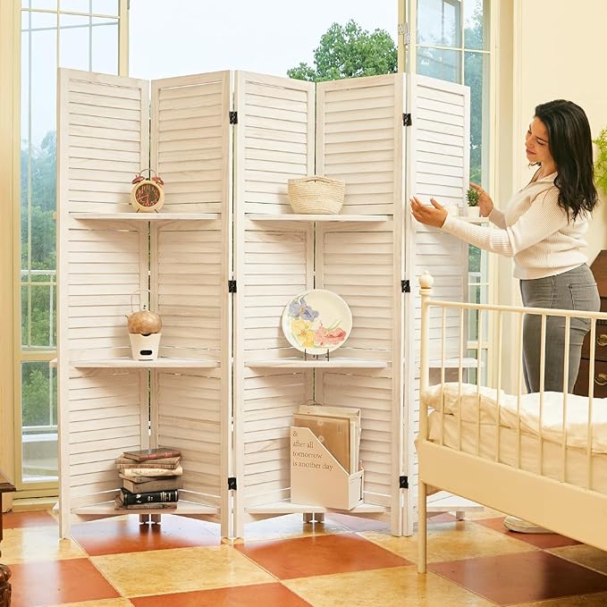 Partition Room Dividers, Folding Wood Privacy Screen with Three Display Shelves Suitable for Home Office, Study, Art Display - 5 Panel, 67 * 64inch (White-Washed)