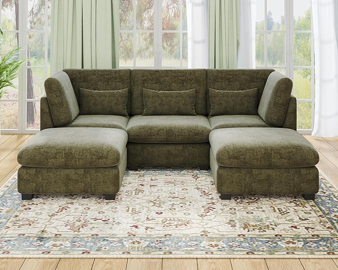 Oversized Modular Sofa, Extra Deep Cloud Chenille Sectional Couch with Ottoman Chaise, Fluffy Chenille 5 Seater Sofa Bed for Living Room, Villa (U Shape 5 Seater, Chenille Green)