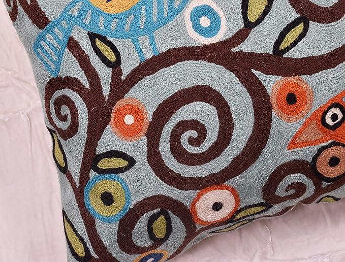 Tree of Life Birds Pillow Cover Teal Blue Floral Pillowcase Botanical Floral Outdoor Suzani Cushions Traditional Flower Cushion Hand Embroidered Cushions Wool Size - 18x18