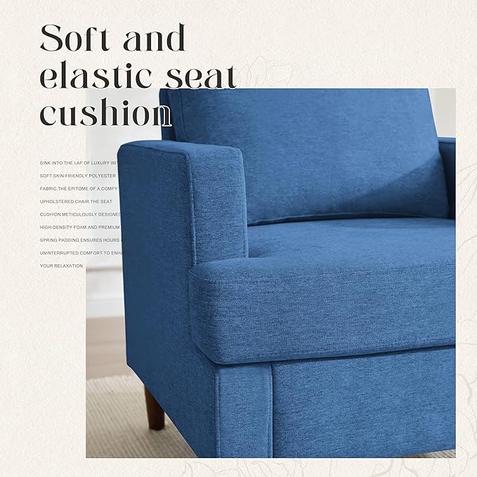 Mid-Century Accent Chair,Modern Linen Fabric Armchair for Living Room,Comfy Upholstered Reading Accent Chairs for Bedroom,Single Sofa Chair with Wood Legs (Blue, 2 Pack)