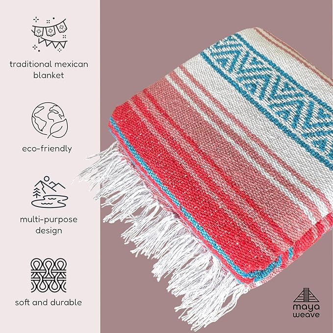 Traditional Handwoven Mexican Blanket, Large Falsa Serape - Soft & Durable - Vibrant Beach, Picnic, Yoga & Camping Mat - Lightweight Boho Throw 70"x50" (Flame)