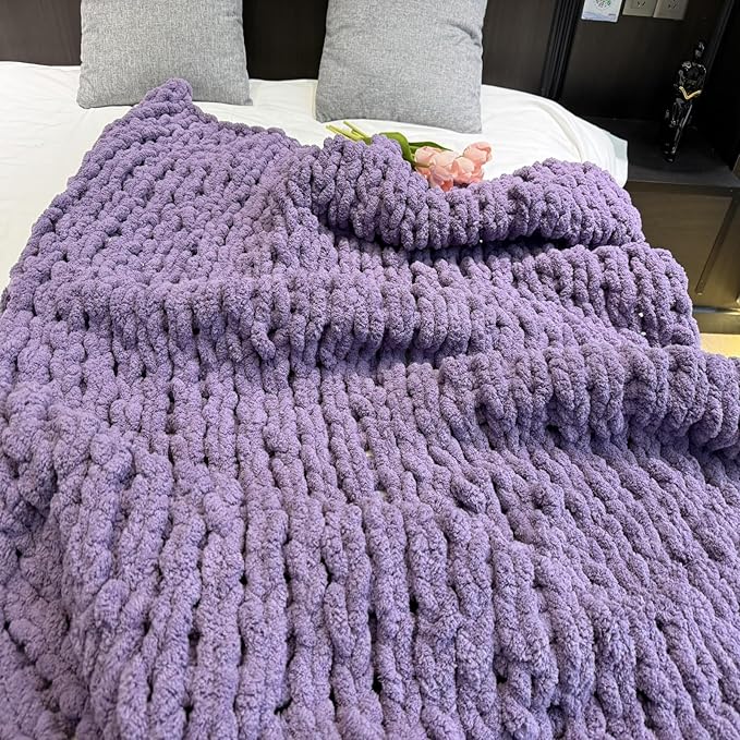 Chunky Knit Blanket Throw 40"x60", Chenille Throw Blankets, Handmade Warm & Cozy Blanket Couch Bed Home Decor, Soft Breathable Fleece Banket, Christmas for Couch Bed Sofa Best Gift (Purple)