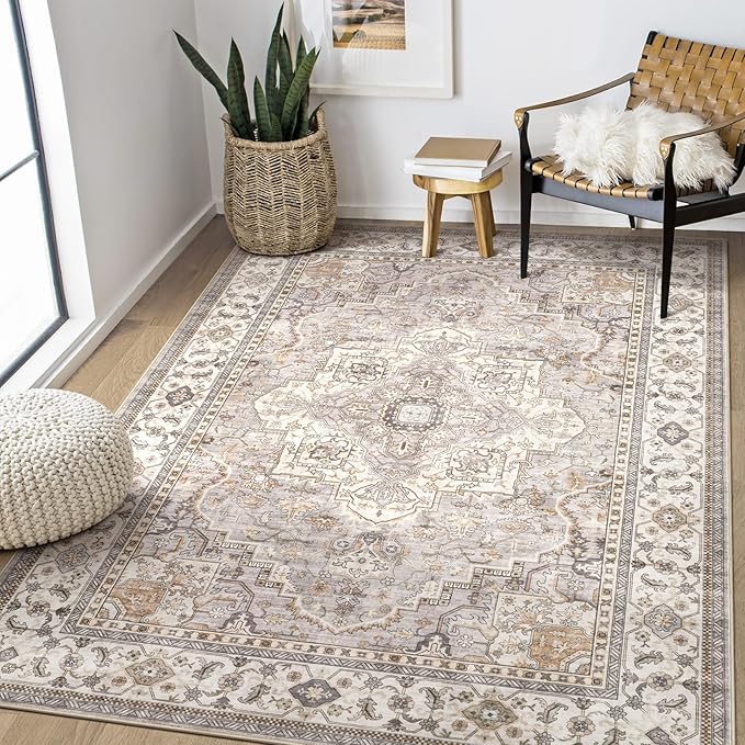 Washable Area Rugs for Living Room - 5x7 Neutral Vintage Distressed Floral Farmhouse Boho Large Soft Floor Rug Indoor Non Slip Carpet for Bedroom Dining Room Office - Grey Brown