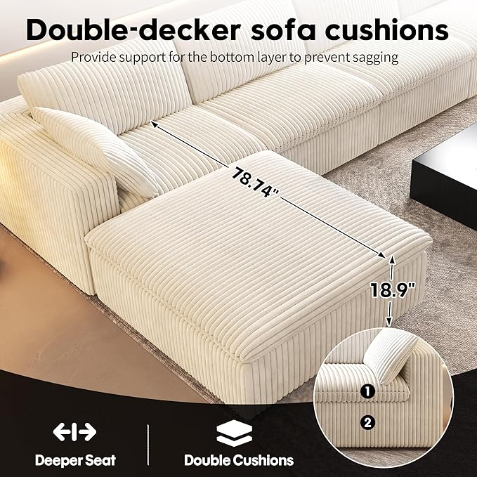 Oversized Modular Sectional Cloud Couch,157.5" U Shaped Modern Sofa with 2 Ottoman and 2 Middle Seats,Upholstered Couches with Corduroy Fabric for Living Room Furniture,No Assembly Required,White