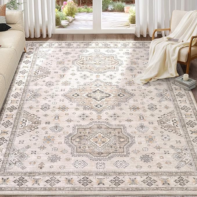 Washable Area Rugs for Living Room -9x12 Neutral Vintage Distressed Floral Farmhouse Boho Large Soft Floor Rug Indoor Non Slip Carpet for Living Room Bedroom Dining Room Office -Beige Brown