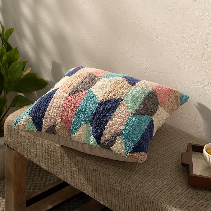 Tuffting Embroidery Decorative Throw Pillow Cover, 18 x 18 inches (Multi Geometrical)