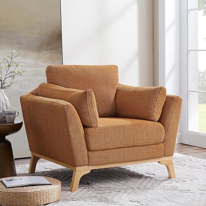 Large-Sized Accent Chair, Thick Cushion Bedroom Reading Chair, Comfortable Living Room Single Sofa, Boucle Curry