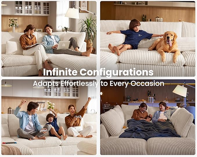 Oversized Modular Sofa, Extra Deep Cloud Corduroy Sectional Couch with Ottoman Chaise, Fluffy Chenille 3 Seater Sofa for Living Room, Villa (Basic 3 Seater, Corduroy White)