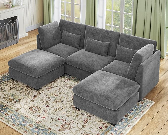 Oversized Modular Sofa, Extra Deep Cloud Chenille Sectional Couch with Ottoman Chaise, Fluffy Chenille 5 Seater Sofa Bed for Living Room, Villa (U Shape 5 Seater, Chenille Grey)
