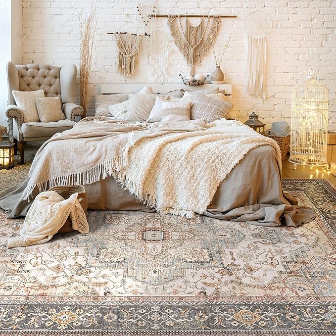 Washable Area Rugs for Living Room - 8x10 Neutral Vintage Distressed Floral Farmhouse Boho Large Soft Floor Rug Indoor Non Slip Carpet for Bedroom Dining Room Office -Forest Green Orange