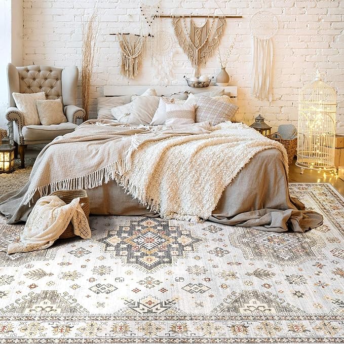 Washable Area Rugs for Living Room -10x12 Neutral Vintage Distressed Floral Farmhouse Boho Large Soft Floor Rug Indoor Non Slip Carpet for Living Room Bedroom Dining Room Office-Blue Brown