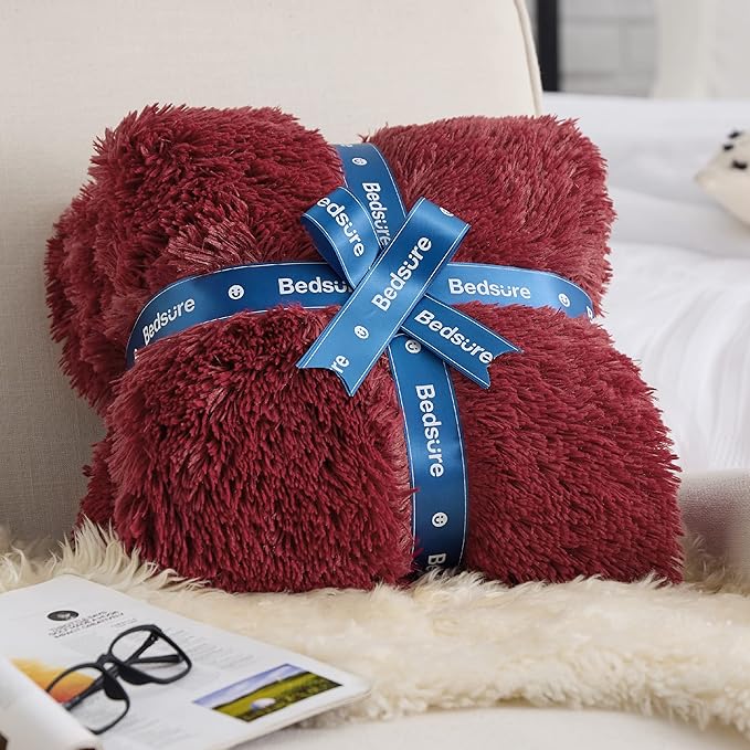 Bedsure GentleSoft Fuzzy Sherpa Faux Fur Twin Blanket Burgundy Red Cozy Gifts for Women Men, Soft Fleece Plush Warm Minky Thick Blanket Twin Size for Bed, Dorm Essentials Red Room Decor Gifts, 60x80