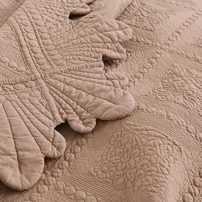 MarCielo 3-Piece 100% Cotton Oversized Bedspread Lightweight Quilt Coverlet Embroidery Farmhouse Bedding Set (TK Pale Taupe Camel, Oversized King (118"x106"))