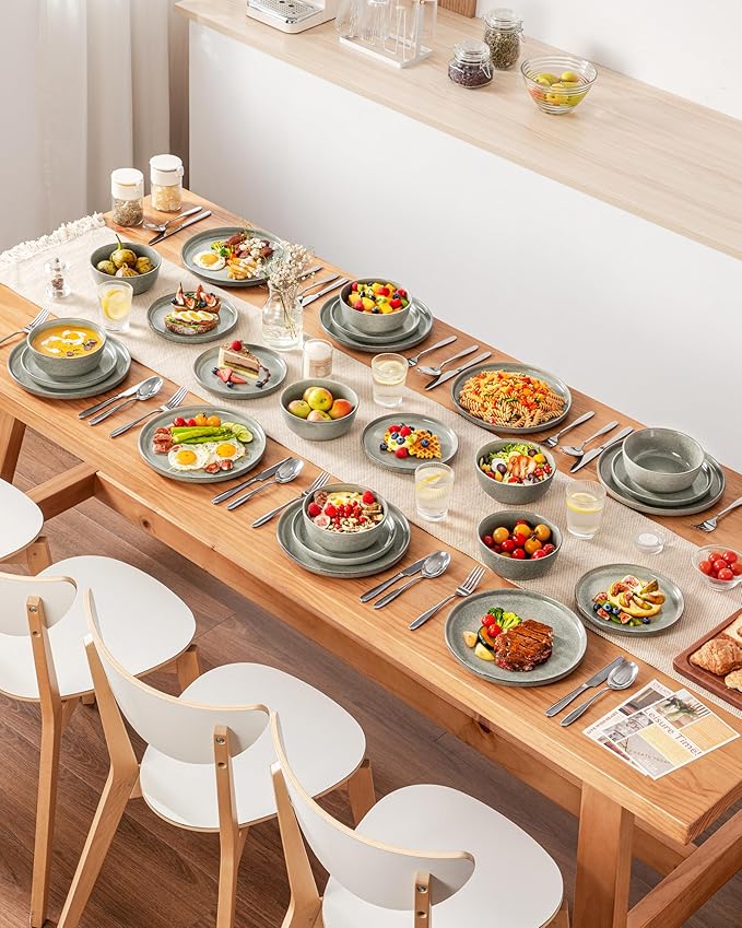 vancasso ANYA 24 Pieces Plates and Bowls Set, Stone Grey Dinnerware Sets, Reactive Glaze Dishes Set for 8, Ceramic Dishware Sets Kitchen Dinner Set, Microwave & Dishwasher Safe