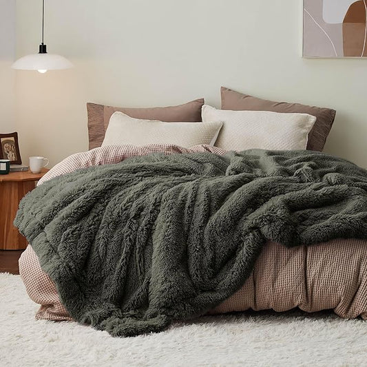 Bedsure GentleSoft Fluffy Olive Green King Size Blanket for Bed, Thick Soft Sherpa Faux Fur Fleece Bedding Fuzzy Plush Winter Warm Heavy Large King Blanket, Cozy Olive Gifts for Men Women, 108x90