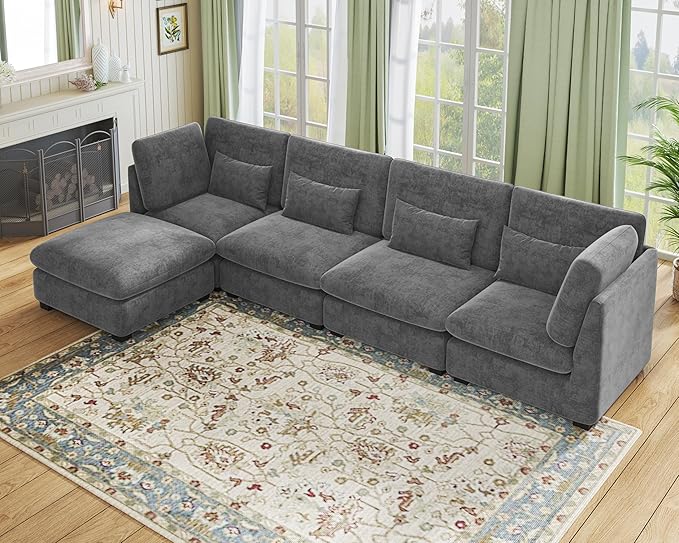 Oversized Modular Sofa, Extra Deep Cloud Chenille Sectional Couch with Ottoman Chaise, Fluffy Chenille 5 Seater Sofa Bed for Living Room, Villa (L Shape 5 Seater, Chenille Grey)