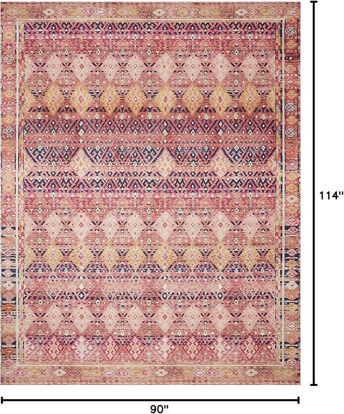 Loloi Layla Collection LAY-15 Magenta/Multi 7'-6" x 9'-6" .13" Thick Area Rug, Soft, Durable, Vintage Inspired, Distressed, Low Pile, Non-Shedding, Easy Clean, Printed, Living Room Rug