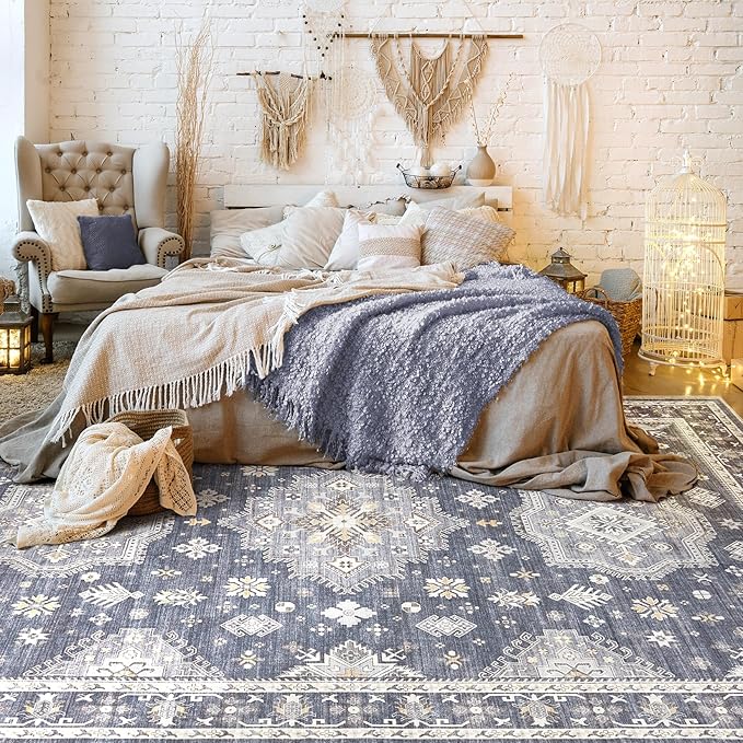 Washable Area Rugs for Living Room -9x12 Neutral Vintage Distressed Floral Farmhouse Boho Large Soft Floor Rug Indoor Non Slip Carpet for Living Room Bedroom Dining Room Office - Denim Blue/Grey