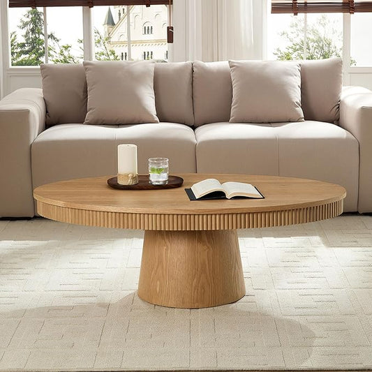 Modern Oval Coffee Table with Wood Pedestal,47.24" Farmhouse Center Table for Living Room, Ellipse Coffee Tables Tea Table for Bedroom, Apartment-Natural