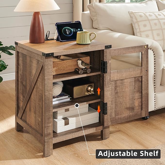 JXQTLINGMU Farmhouse End Table with Charging Station, 18'' Rustic Nightstand with Barn Door & Adjustable Shelf, Wooden Sofa Side Table with 3-Tier Storage for Living Room, Bedroom, Warm Brown