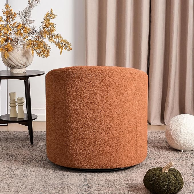 KINWELL 32" Wide Swivel Boucle Accent Chair Armchair, No Assembly Mid-Century Modern Round Upholstered Barrel Chair for Living Room, Bedroom, Office (Caramel)