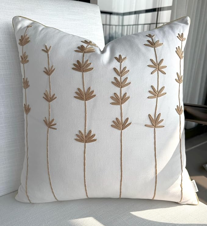 VAGMINE Hand Embroidered Daisy Accent Throw Pillow Cover - 18x18 Inches Square - 100% Cotton Ivory Decorative Cushion Cover for Couch, Sofa, Living Room - Textured Embroidery - Cozy Floral Home Décor