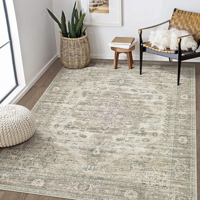 Washable Area Rugs for Living Room - 5x7 Neutral Vintage Distressed Floral Farmhouse Boho Large Soft Floor Rug Indoor Non Slip Carpet for Living Room Bedroom Dining Room Office - Brown/Tan