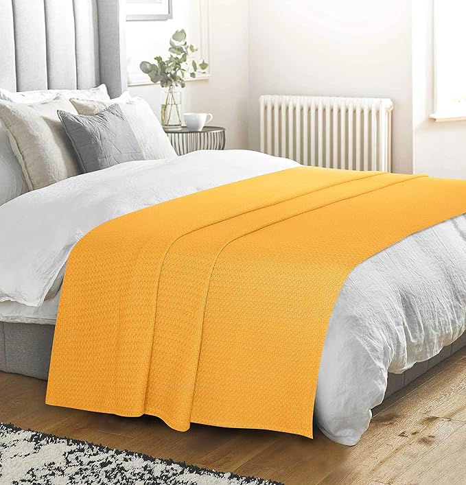 BELIZZI HOME 100% Cotton Bed Blanket, Breathable Bed Blanket King Size, Cotton Thermal Blankets King, Perfect for Layering Any Bed for All Season, Mustard Yellow