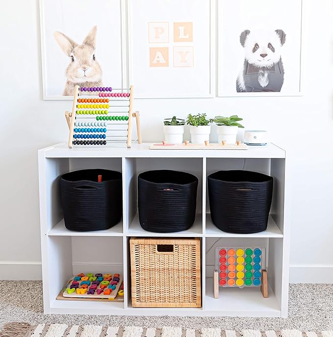 OrganiHaus Set of 3 Black Baskets for Shelves, Woven Baskets for Organizing, Cute Black Storage Basket for Toys & Cloths, Cotton Rope Basket for Decor, Shoe Baskets, Storage Baskets for Shelves