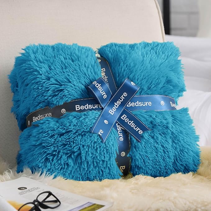 Bedsure GentleSoft Fluffy Bright Blue Throw Blanket Gifts for Women, Men, Soft Fleece Cozy Fuzzy Sherpa Plush Warm Minky Thick Faux Fur Throws for Couch, Blue Decor House Blanket Gifts for Her, 50x60
