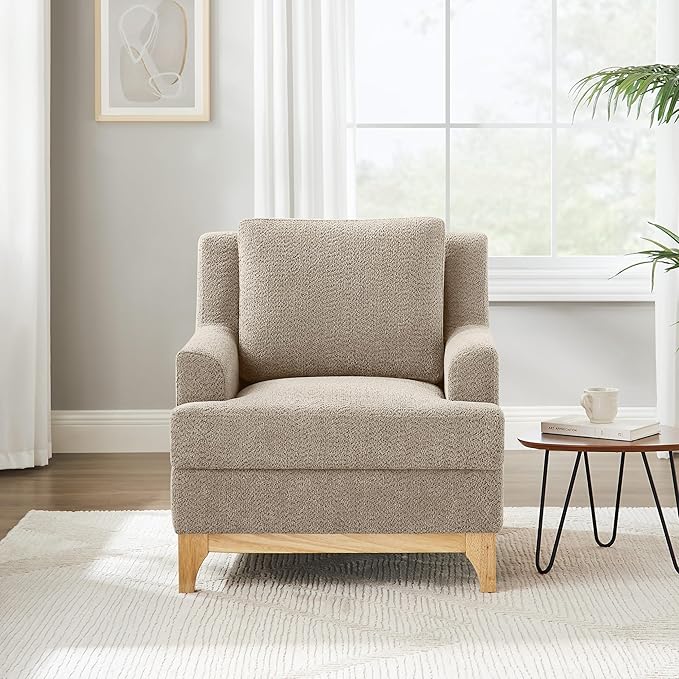 Oversized Accent Chair, Modern Boucle Armchair with Wood Legs, Modern Reading Chair with Thick Cushion, Comfy Chairs for Living Rooms, Bedrooms, Reading nooks and Apartments