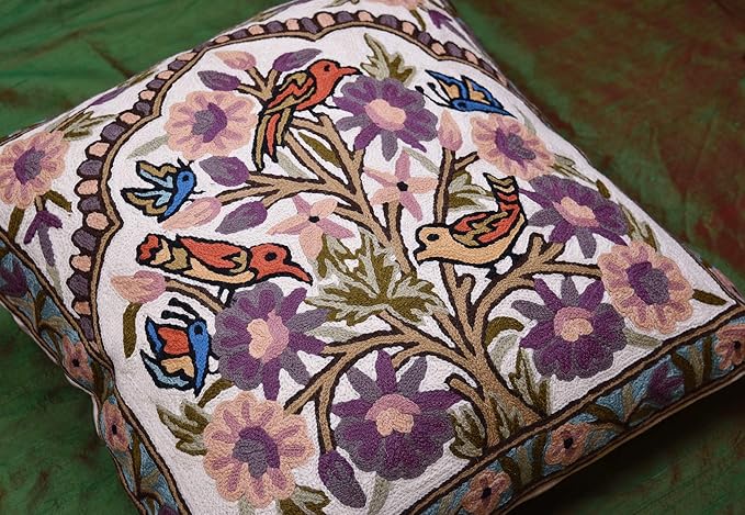 Tree of Life Pillow Cover Lavender Floral Pillowcase Botanical Flower Pillows Plants Farmhouse Traditional Chair Cushions Needlepoint Hand Embroidered Wool Size - 18x18