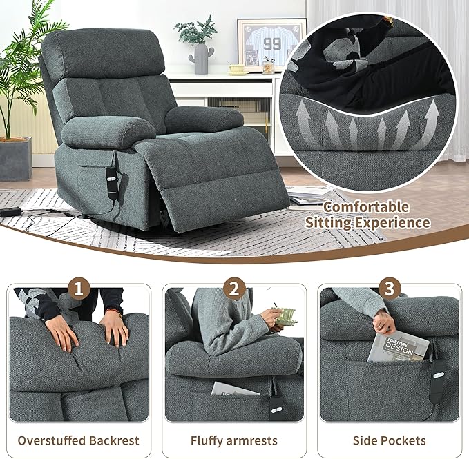 Power Lift Chair Recliners for Elderly, Overstuffed Electric Lift Recliner Chair with Widened Footrest Side Packets for Living Room Bedroom