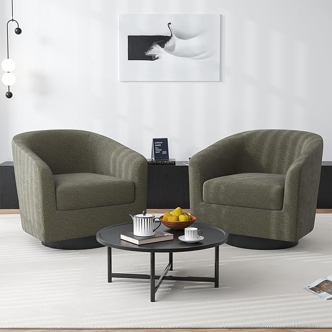 Swivel Barrel Accent Chair, Modern Round Chenille Fabric Arm Chair for Living Room, Bedroom, Comfy Club Reading Chairs for Adults(Chenille Fabric, Tan, Set of 4