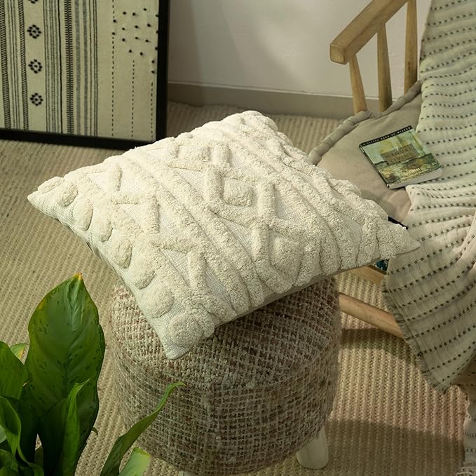 Tufted Boho Pillow Covers 18X18 Inch Throw Pillow Covers Decorative Cushion Cover Exquisitely Crafted with Hand-Finished Tuft Farmhouse Pillow Case for Couch Sofa Bed Living Room Bedroom