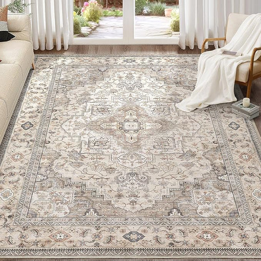 Washable Area Rugs for Living Room - 10x14 Neutral Vintage Distressed Floral Farmhouse Boho Large Soft Floor Rug Indoor Non Slip Carpet for Bedroom Dining Room Office - Brown/Multi