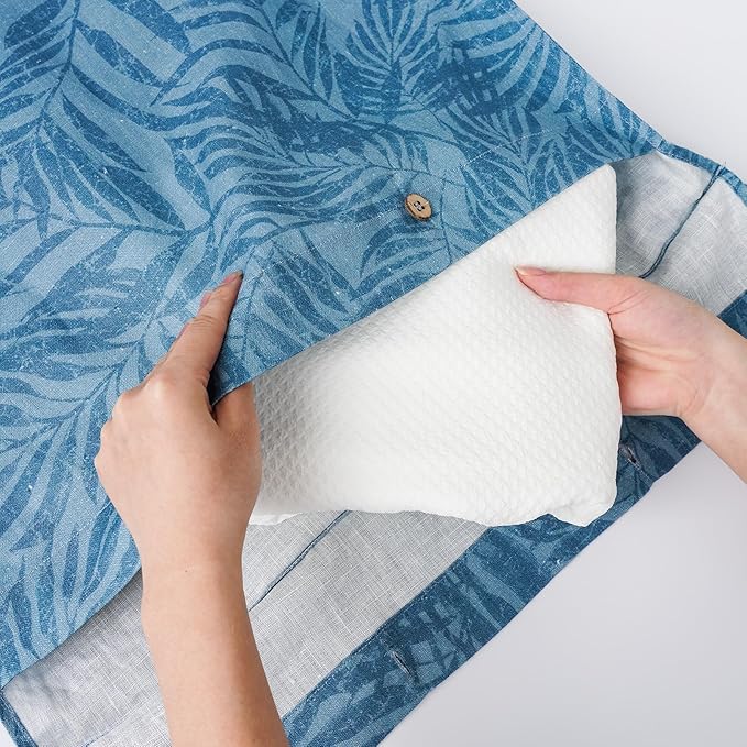 Linen Hanging Laundry Bag, 100% Linen Leaf Print Over The Door Laundry Hamper with Buttons and Zipper, Space Saving Door Hampers for Laundry Dirty Clothes Home Travel, Blue, 19.7x27.5inches