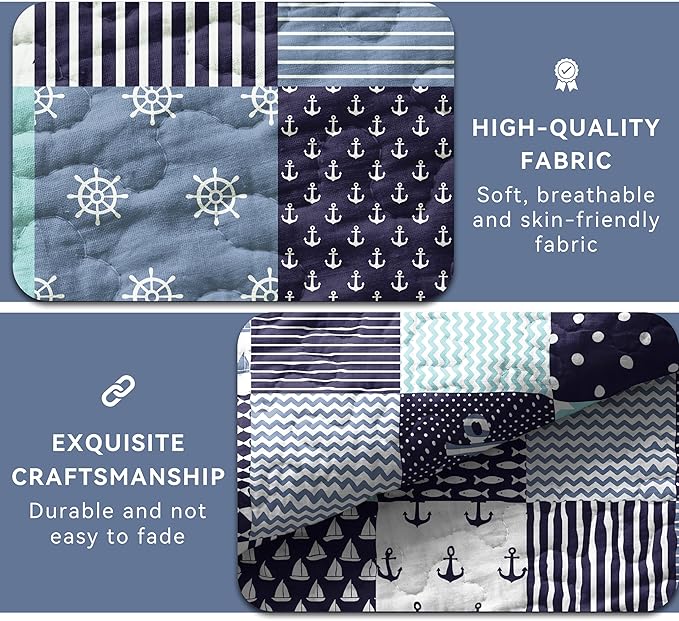 Nautical Bedding Queen Size Coastal Quilt with 2 Shams, Coastal Beach Comforter Sets Ocean Bedspreads Coverlet Summer Bedding, 90''x96''