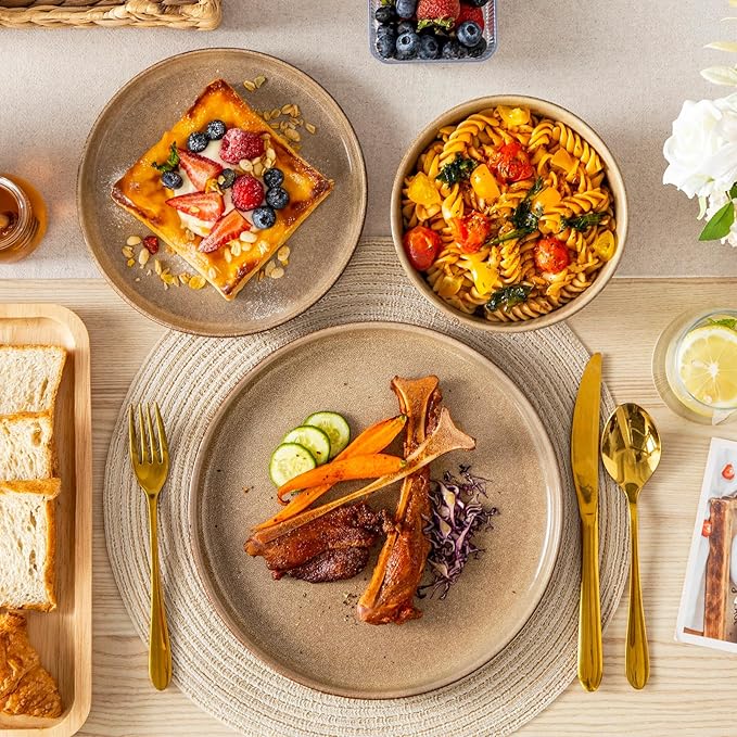 vancasso ANYA 18 Pieces Plates and Bowls Set, Caramel Dinnerware Sets, Reactive Glaze Dishes Set for 6, Ceramic Dishware Sets Kitchen Dinner Set, Microwave & Dishwasher Safe