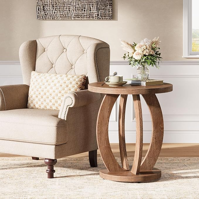Tribesigns End Table, Round Side Table with Storage, Farmhouse Nightstand Bedside with Round Tabletop, Accent End Table for Living Room Bedroom Small Space, Wooden Accent Furniture (2, Brown)