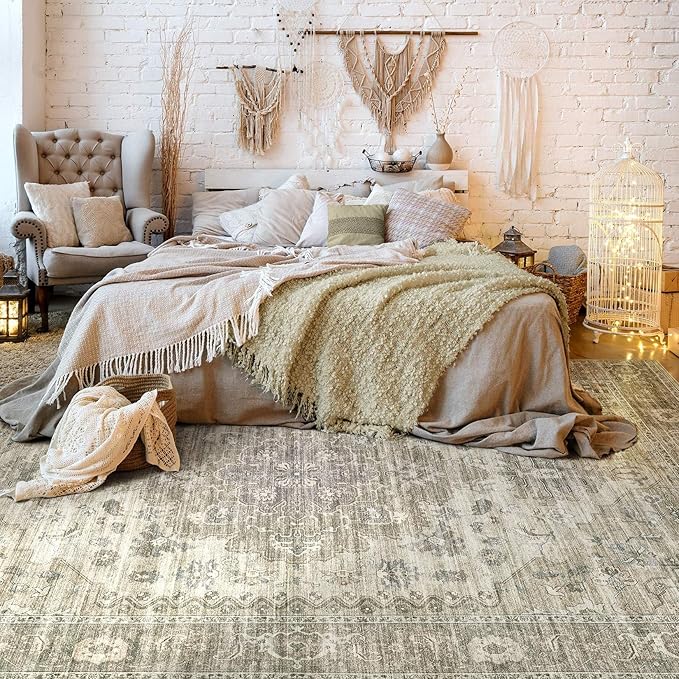 Washable Area Rugs for Living Room -10x12 Neutral Vintage Distressed Floral Farmhouse Boho Large Soft Floor Rug Indoor Non Slip Carpet for Living Room Bedroom Dining Room Office -Brown/Tan