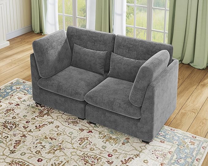 Oversized Modular Sofa, Extra Deep Cloud Chenille Sectional Couch with Ottoman Chaise, Fluffy Chenille 2 Seater Sofa Bed for Living Room, Villa (Loveseat Sofa, Chenille Grey)