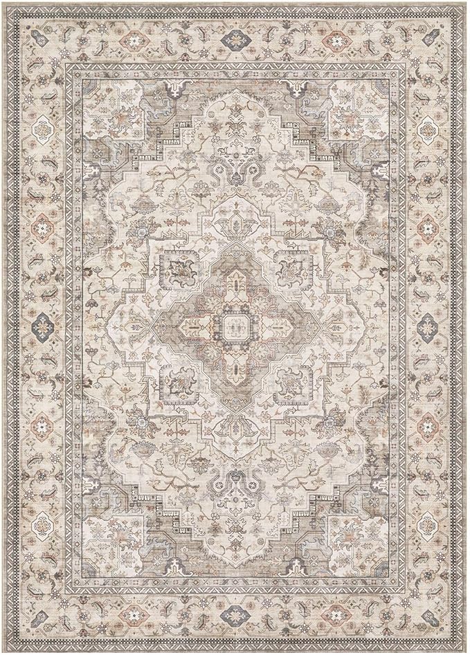 Washable Area Rugs for Living Room - 10x14 Neutral Vintage Distressed Floral Farmhouse Boho Large Soft Floor Rug Indoor Non Slip Carpet for Bedroom Dining Room Office - Brown/Multi