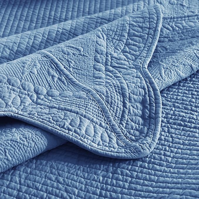 MarCielo 3-Piece 100% Cotton Oversized Bedspread Lightweight Quilt Coverlet Embroidery Farmhouse Bedding Set (TG Midtone Blue, Oversized Queen (100"x106"))