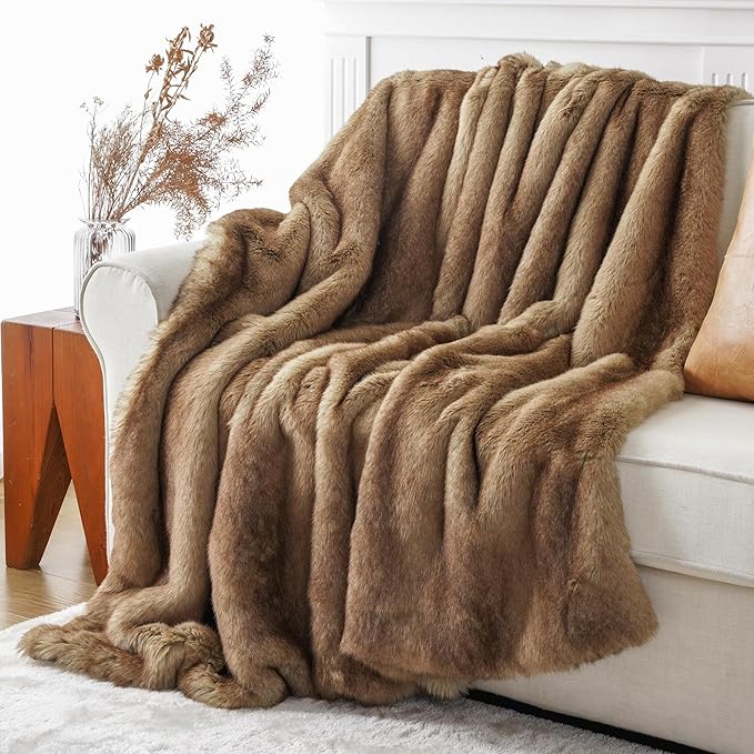 BATTILO HOME Luxury Ochre Faux Fur Throw Blanket, Soft Cozy Mink Fur Blanket for Couch, Sofa, Bed, Plush Warm Fuzzy Fall Fur Throw and Blankets for Home Decor, 50"x60"