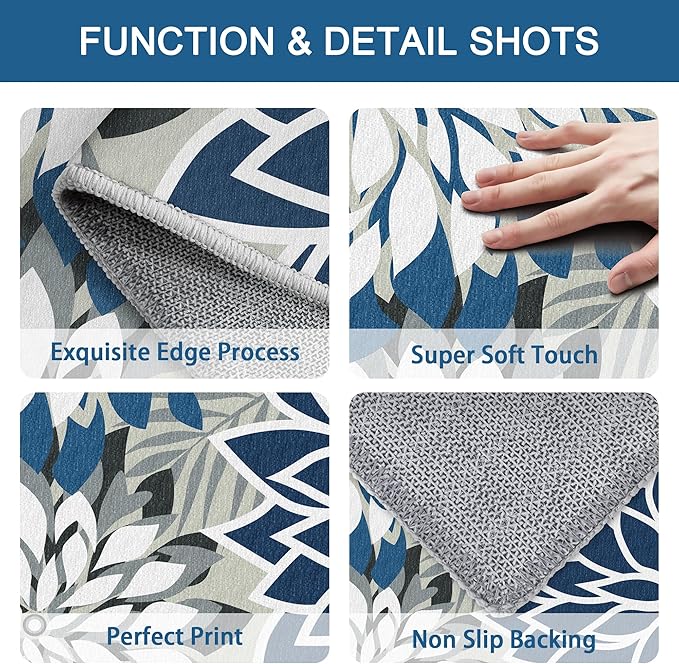 Area Rug 2x6 Blue White Washable Entry Rug Multicolored Tropical Botanical Modern Floral Indoor Kitchen Door Mat Entrance Carpet Non Slip for Bedroom Living Room, Porch