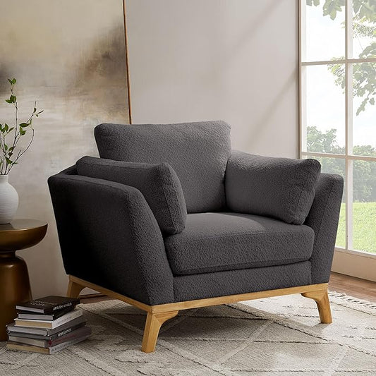 Large-Sized Accent Chair, Thick Cushion Bedroom Reading Chair, Comfortable Living Room Single Sofa, Boucle Dark Gray