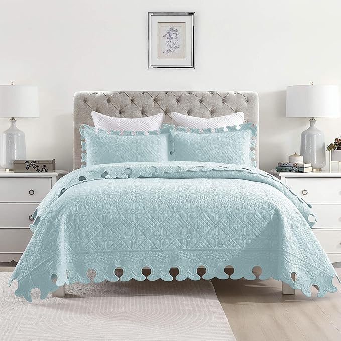 MarCielo 3-Piece 100% Cotton Oversized Bedspread Lightweight Quilt Coverlet Embroidery Farmhouse Bedding Set (TW Mint Green Blue, Oversized King (118"x106"))
