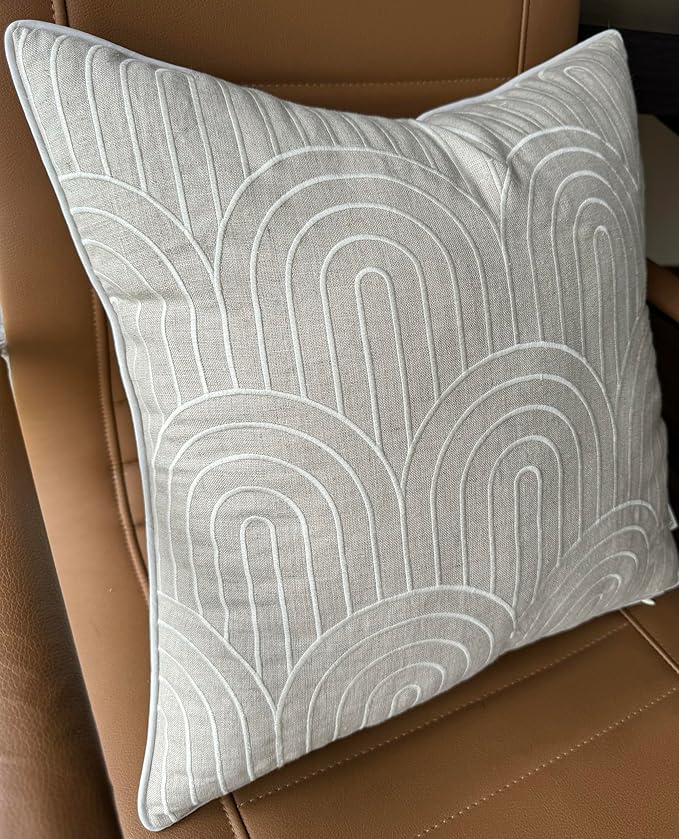 VAGMINE Embroidered Geometric Throw Pillow Cover - 18x18 Inches Square - 100% Linen Natural Decorative Cushion Cover - Elegant Embroidery - Minimalist Accent for Sofa, Bed, Couch, Farmhouse Décor
