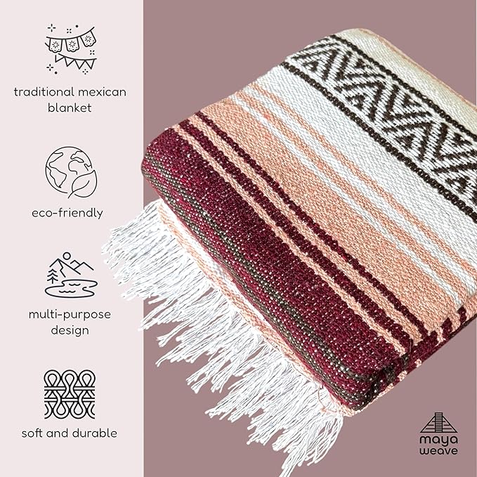 Traditional Handwoven Mexican Blanket, Large Falsa Serape - Soft & Durable Yoga Blanket - Vibrant Beach, Picnic & Camping Blanket - Lightweight Boho Throw 70"x50"